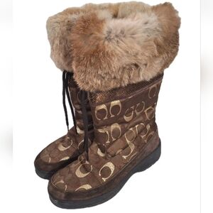 Coach Lizzie Signature Winter Fur Trim Boots Brown Gold Metallic C Size 7 A7048